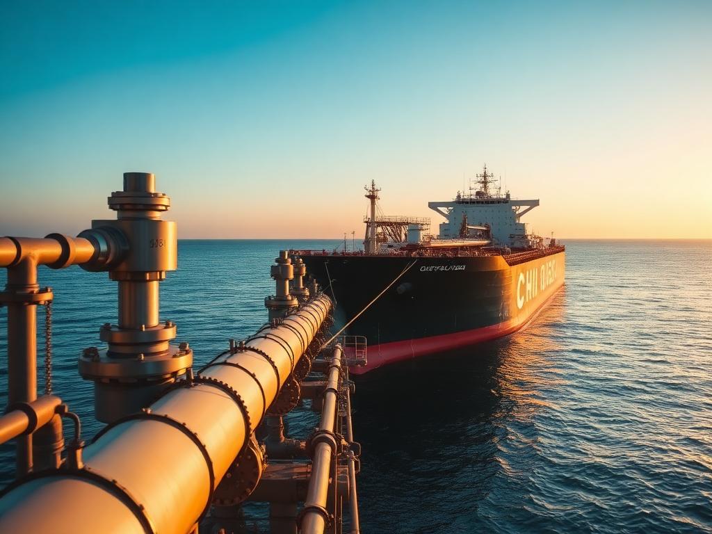 Offshore oil platform at sea with flare stack and supply vessel