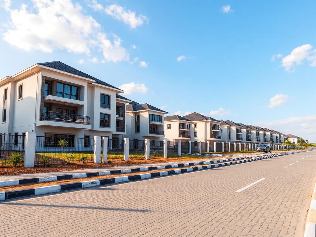 Luxury residential development with landscaped access road
